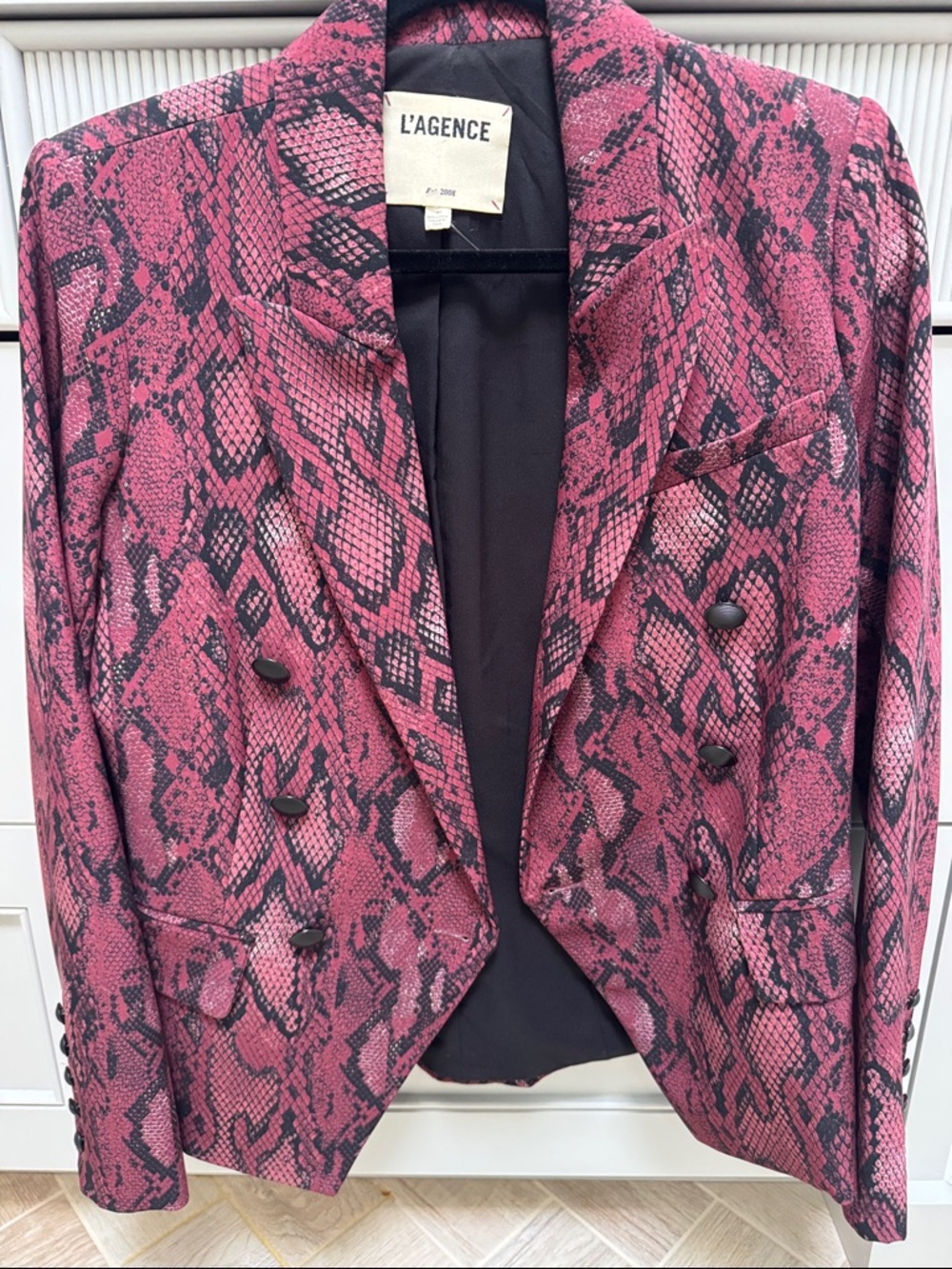 L'AGENCE Pink Snake-Print Double-Breasted Blazer